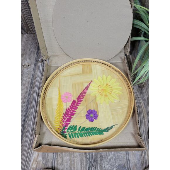 Vintage Bamboo Coaster Tray Set, Pressed Floral, NIB - Picture 4 of 5